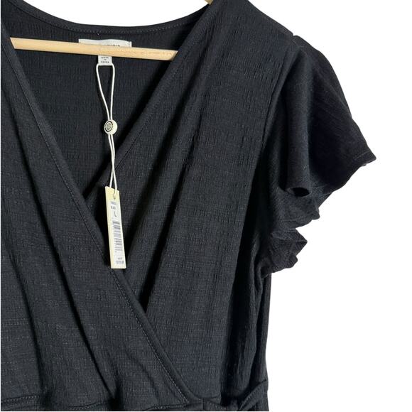 Max Studio Solid Black Flutter Short Sleeve Faux Wrap Midi Dress Size Large - Picture 7 of 13